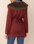 Fuzzy Collared Neck Tie Waist Jacket