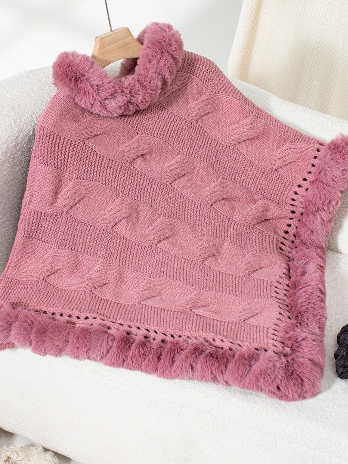 Fuzzy Hem Cable-Knit Poncho