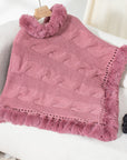 Fuzzy Hem Cable-Knit Poncho