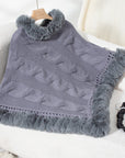 Fuzzy Hem Cable-Knit Poncho