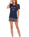 Graphic Round Neck Top and Striped Shorts Lounge Set