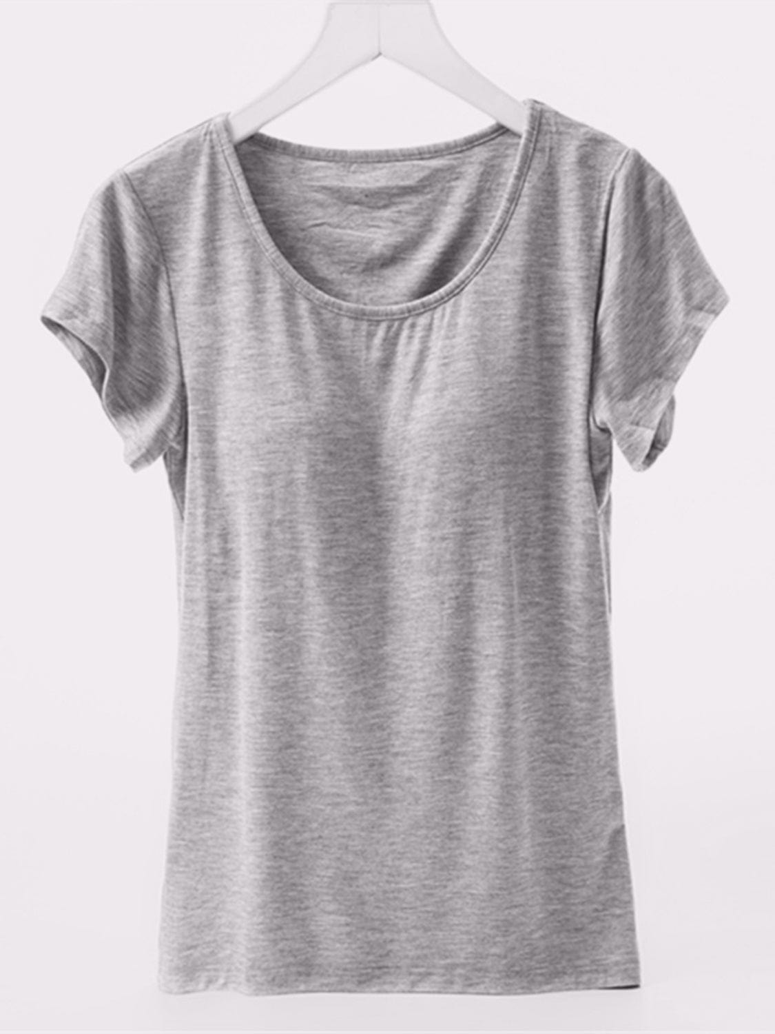 Light Gray Round Neck Short Sleeve T-Shirt with Bra