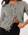 Bow Round Neck Long Sleeve Cardigan