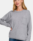 Zenana Full Size Contrast Stitching Brushed Ribbed Hacci Knit Top