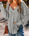 Rosy Brown Openwork V-Neck Dropped Shoulder Sweater