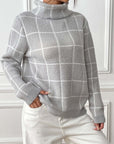 Gray Plaid Turtleneck Long Sleeve Sweater