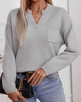 Pocketed Notched Long Sleeve Knit Top