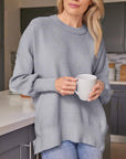 Light Slate Gray Slit Round Neck Dropped Shoulder Sweater