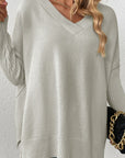 Slit V-Neck Dropped Shoulder Sweater