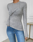 Gray Twisted Round Neck Long Sleeve T-Shirt