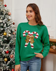 Sequin Candy Cane Round Neck Long Sleeve Sweater