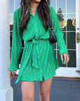 Sea Green Tied Button Up Long Sleeve Dress