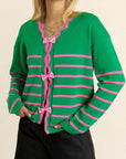 Bow Striped V-Neck Long Sleeve Cardigan