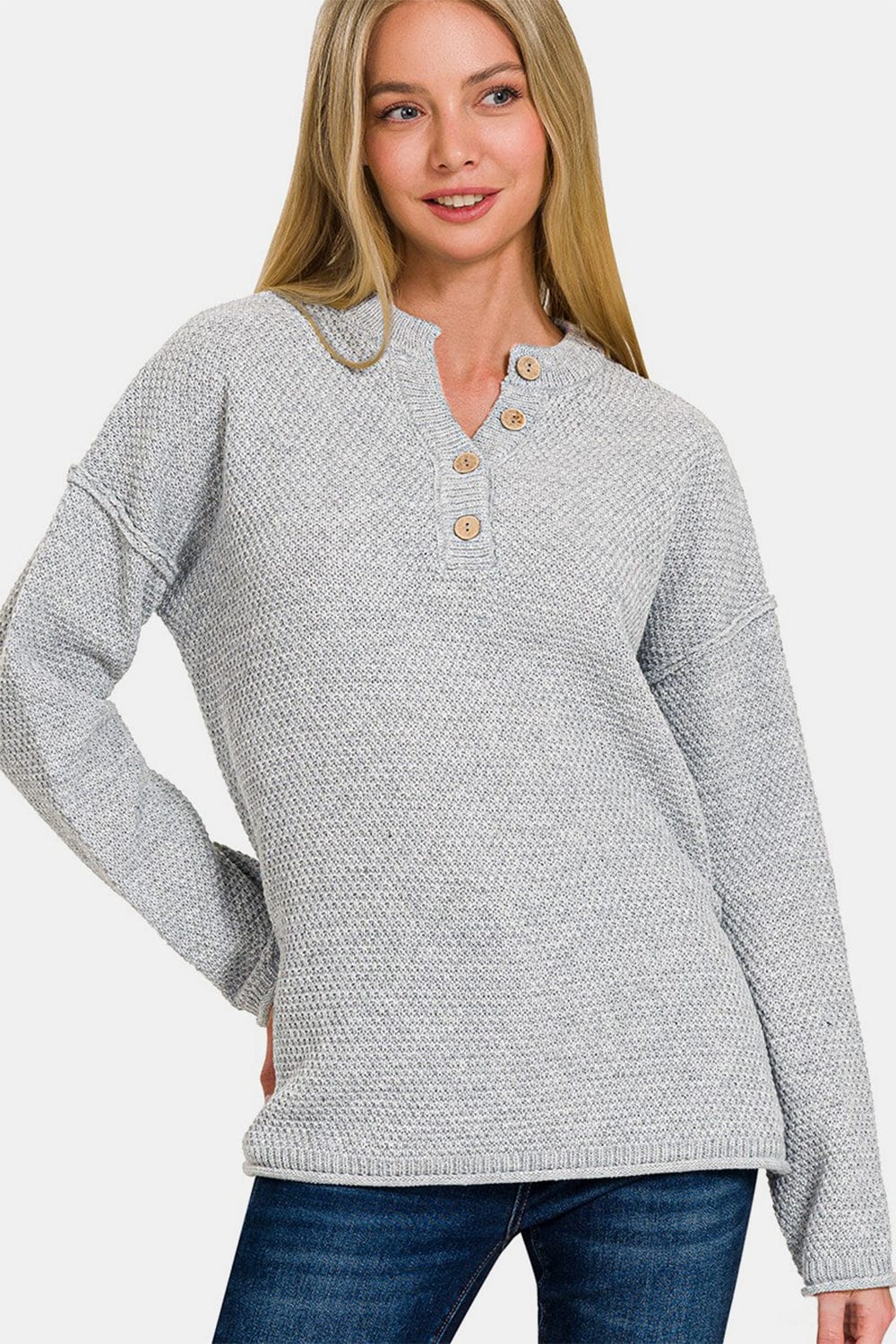 Light Gray Zenana Button Closure Drop Shoulder Sweater