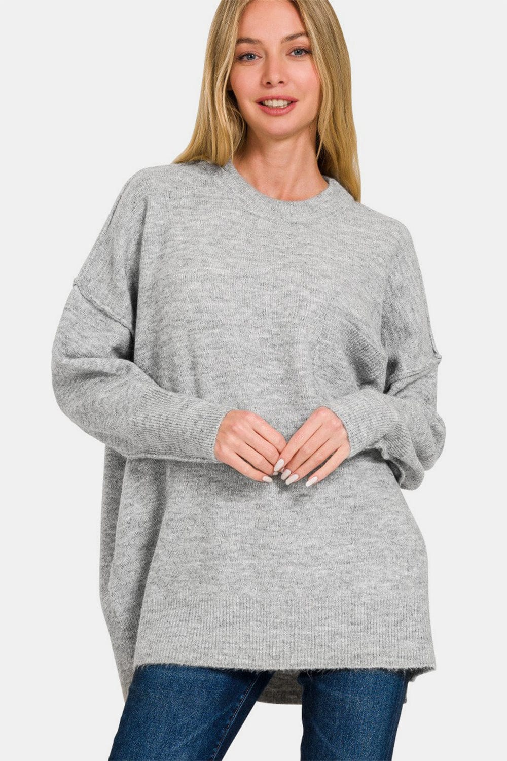 Light Gray Zenana High-Low Hem Drop Shoulder Sweater