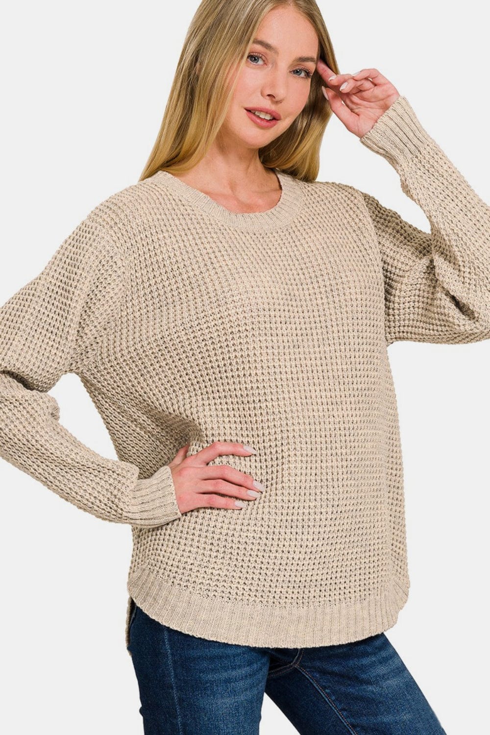 Light Gray Zenana High Low Long Sleeve Waffle Sweater