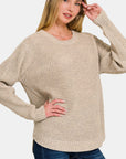 Light Gray Zenana High Low Long Sleeve Waffle Sweater