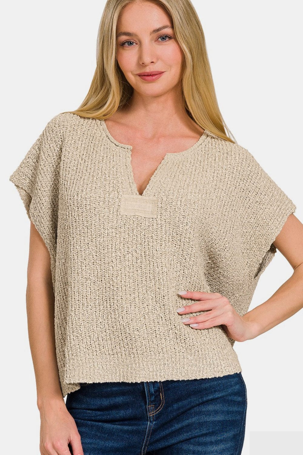 Light Gray Zenana Short Sleeve Side Slit Sweater