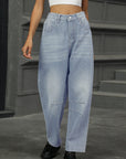 Half Elastic Waist Straight Leg Jeans