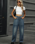 Half Elastic Waist Straight Leg Jeans