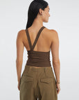 Dark Olive Green Halter Neck Ribbed Cropped Top