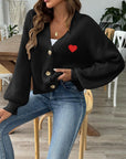 Heart Button Down V-Neck Long Sleeve Cardigan