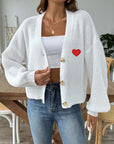 Heart Button Down V-Neck Long Sleeve Cardigan