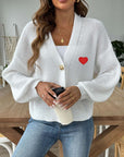 Heart Button Down V-Neck Long Sleeve Cardigan