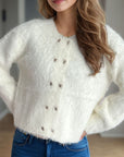 Heart Button Round Neck Cardigan