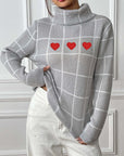 Heart Plaid Turtleneck Long Sleeve Sweater