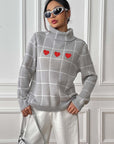 Heart Plaid Turtleneck Long Sleeve Sweater