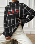 Heart Plaid Turtleneck Long Sleeve Sweater