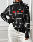 Heart Plaid Turtleneck Long Sleeve Sweater