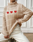 Heart Plaid Turtleneck Long Sleeve Sweater