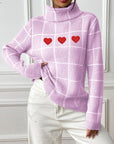 Heart Plaid Turtleneck Long Sleeve Sweater