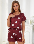 Heart Round Neck Top and Shorts Lounge Set