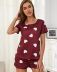 Heart Round Neck Top and Shorts Lounge Set