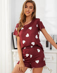 Heart Round Neck Top and Shorts Lounge Set