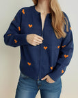 Heart Round Neck Zip Up Cardigan