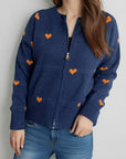 Heart Round Neck Zip Up Cardigan