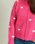 Heart Round Neck Zip Up Cardigan