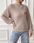 Heart Turtleneck Dropped Shoulder Long Sleeve Sweater