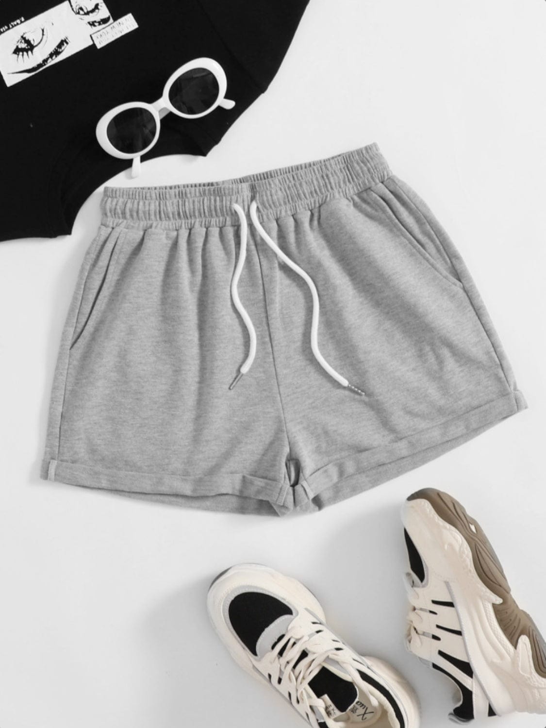 Light Gray Drawstring Pocketed Elastic Waist Shorts