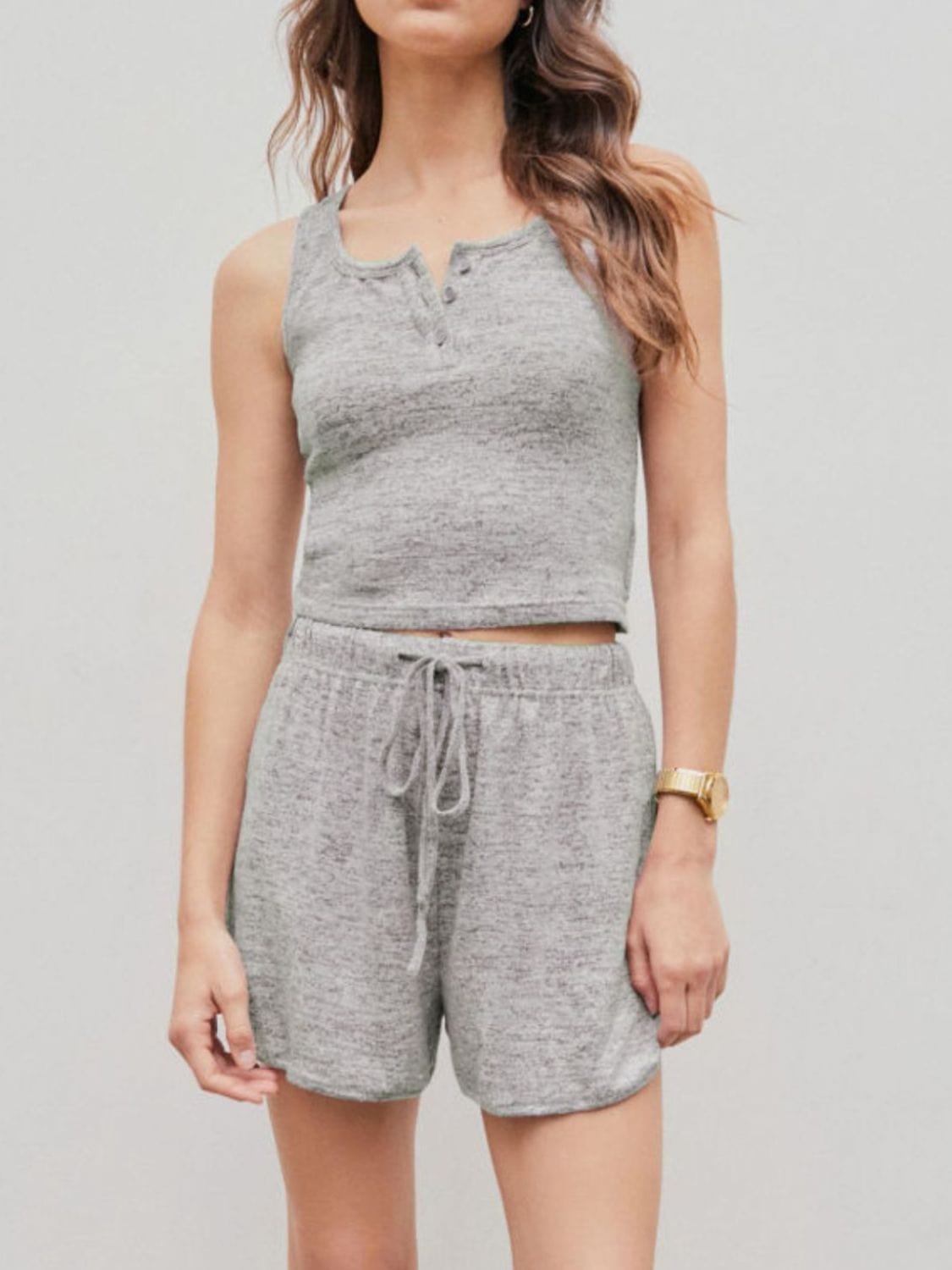 Gray Quarter Button Sleeveless Top and Drawstring Shorts Lounge Set