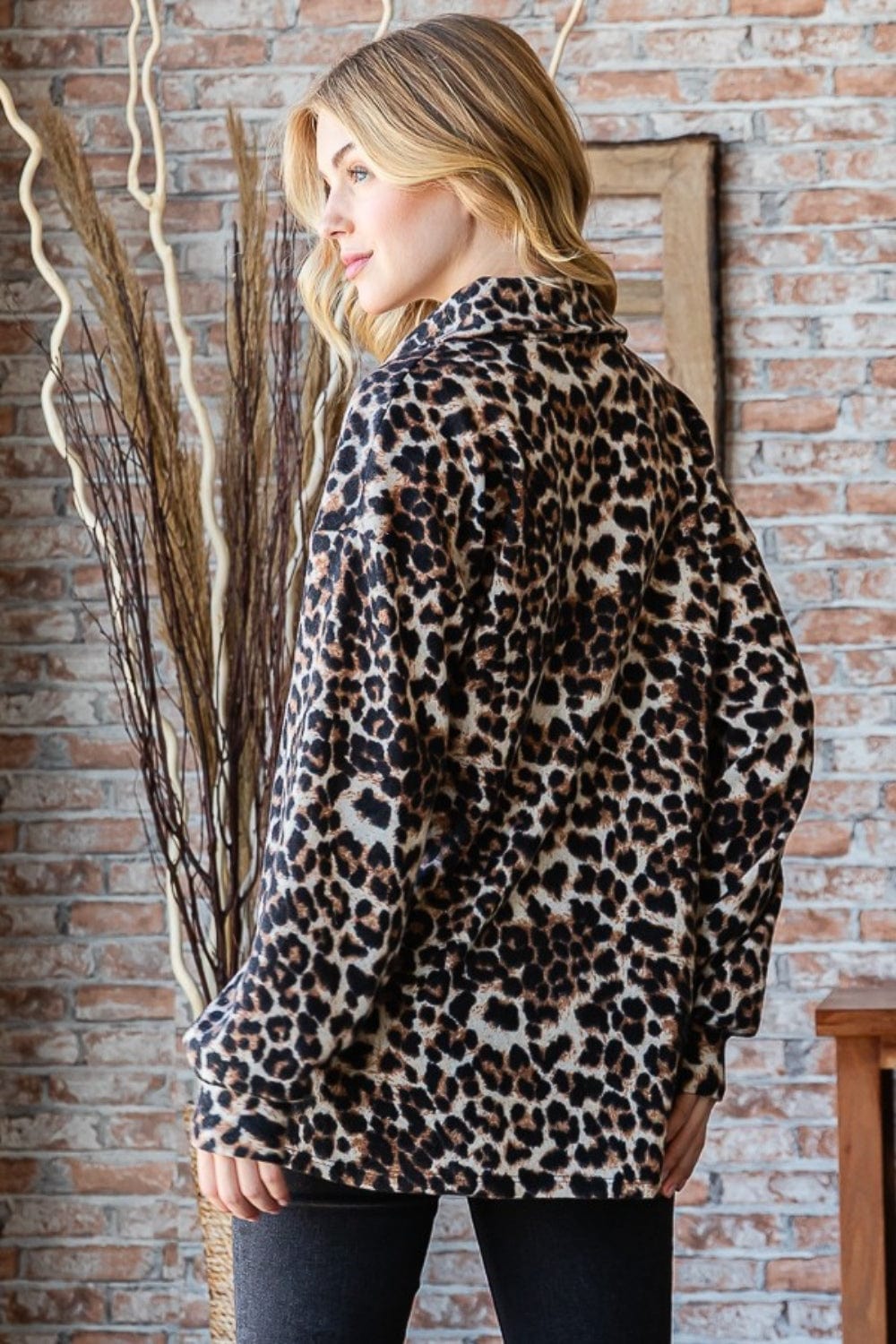 Rosy Brown Heimish Full Size Leopard Johnny Collar Long Sleeve Top