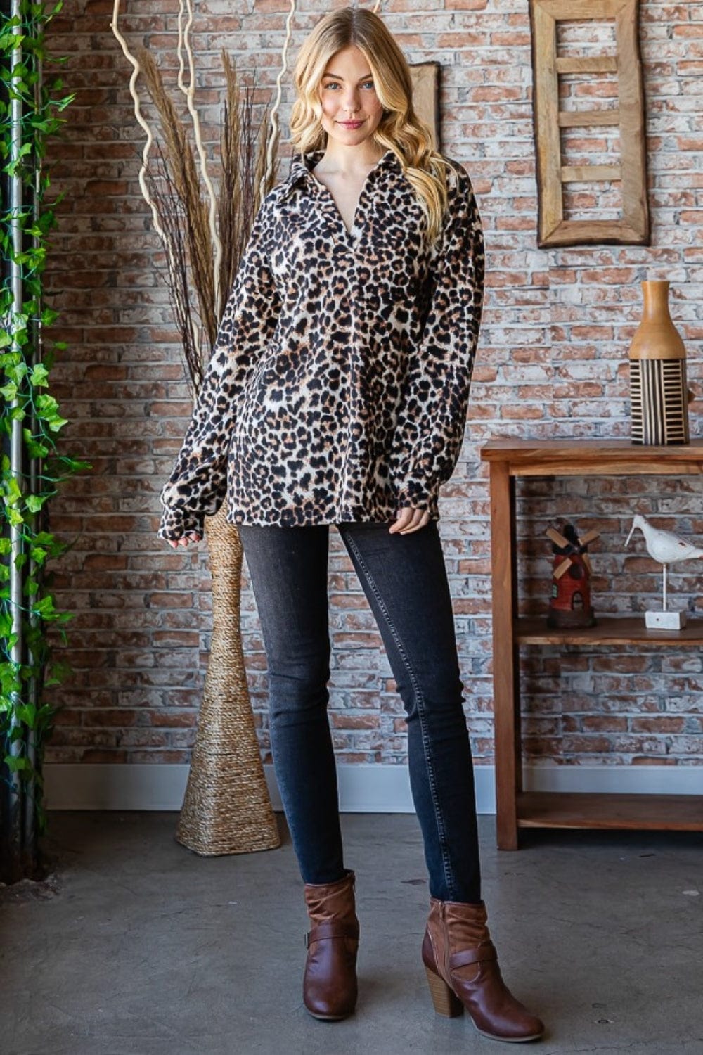 Dark Slate Gray Heimish Full Size Leopard Johnny Collar Long Sleeve Top