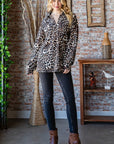 Dark Slate Gray Heimish Full Size Leopard Johnny Collar Long Sleeve Top