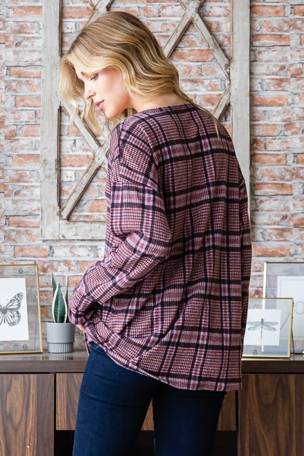 Gray Heimish Full Size Plaid V-Neck Long Sleeve Top