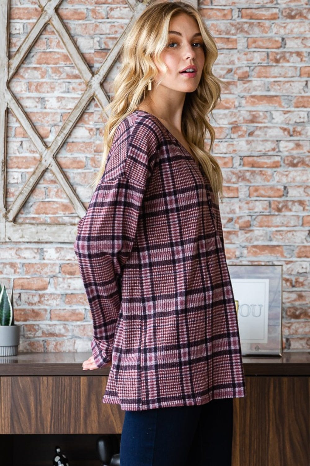 Dark Gray Heimish Full Size Plaid V-Neck Long Sleeve Top