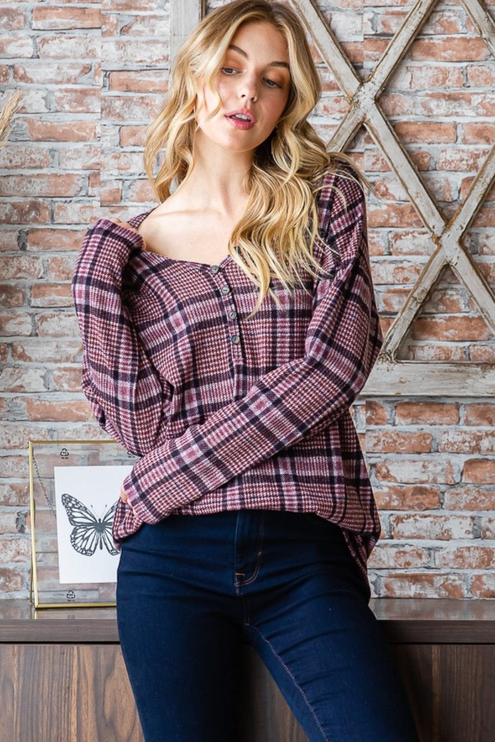 Dark Gray Heimish Full Size Plaid V-Neck Long Sleeve Top